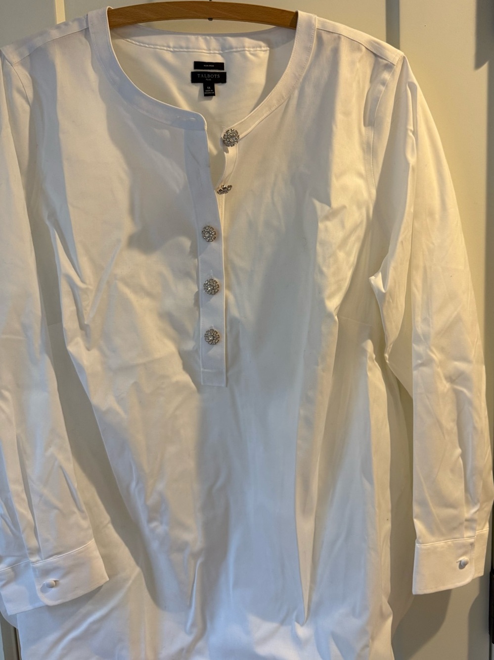 Talbots White Long Sleeve Tunic with Decorative Rhinestone Buttons
